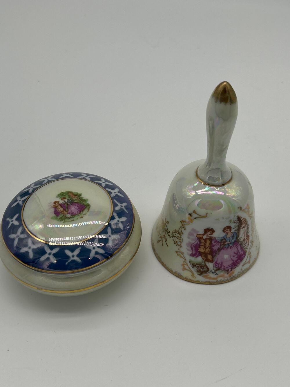 Lot of 2 Vintage Lusterware Fragonard Trinket Dish w/ Lid Bell Courting Couple